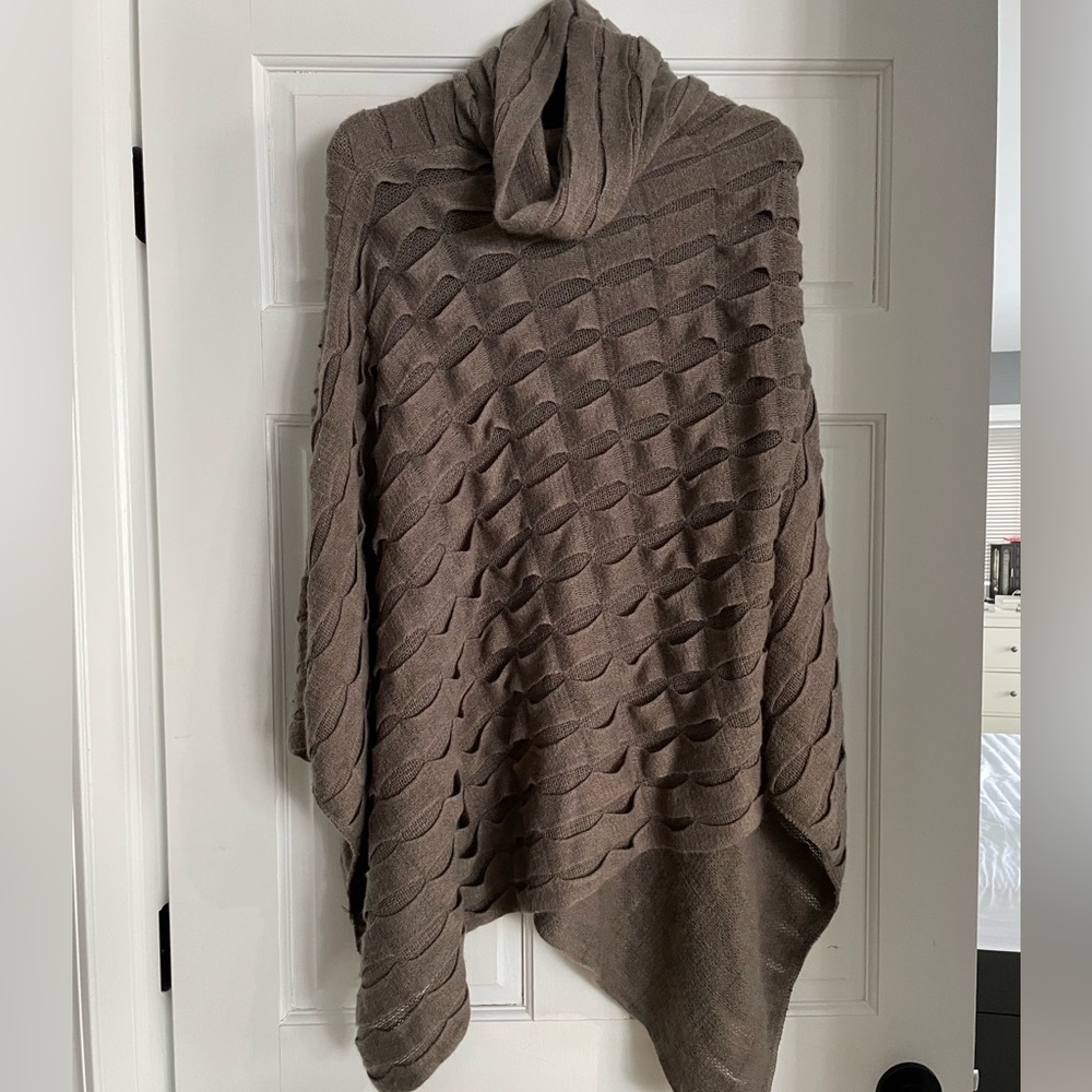 Brown Textured Poncho Sweater with Cowl Neck